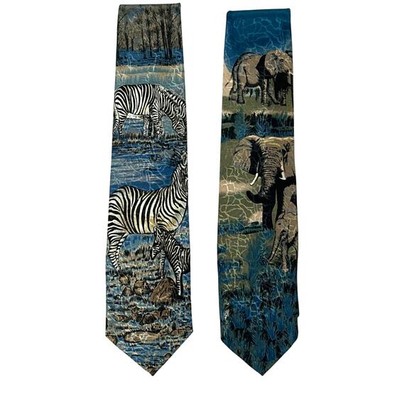 Lost Kingdom Wildlife Theme Ties Elephant Zebra Multicolor Safari Lot of 2 - Picture 1 of 12